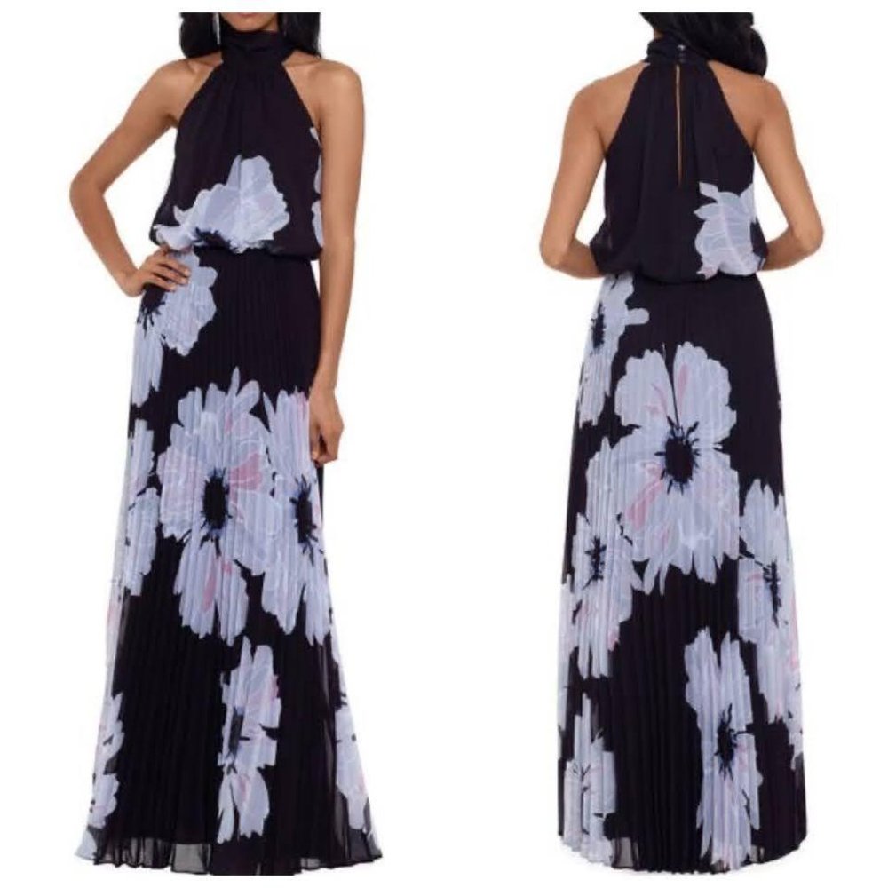 Betsy & Adam Floral Mock Neck Pleated Chiffon Gown